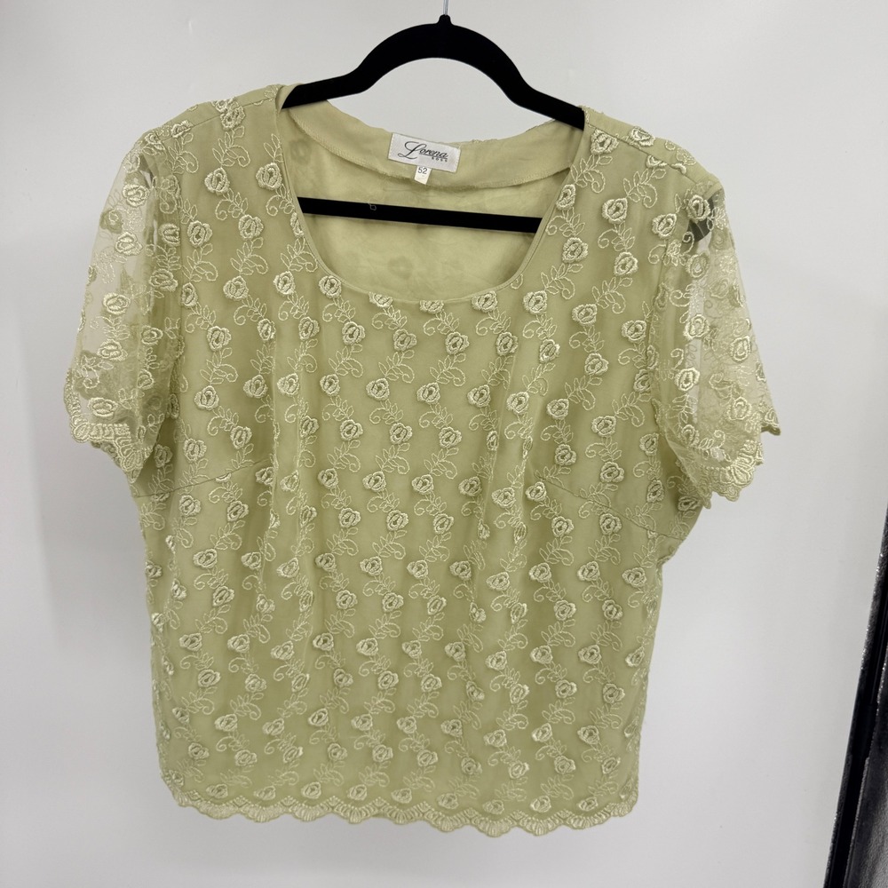 Lorena Ross Womens‎ Sage Green Floral Embroidered Mesh Blouse Scoop Neck Size 52